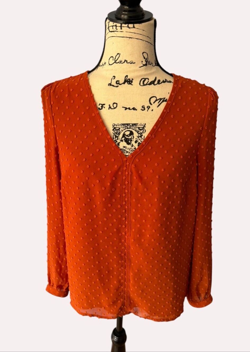 J.Crew Women's V-Neck Clip Dot Blouse Rust Orange Long Sleeve Top Size XS BU008
